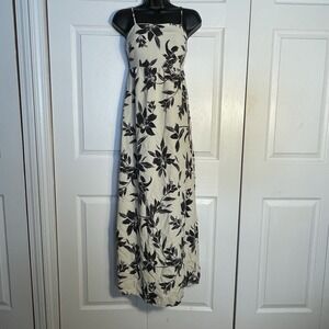Monteau Los Angeles Dress Women S Beige Black Floral Sleeveless Linen Blend Maxi